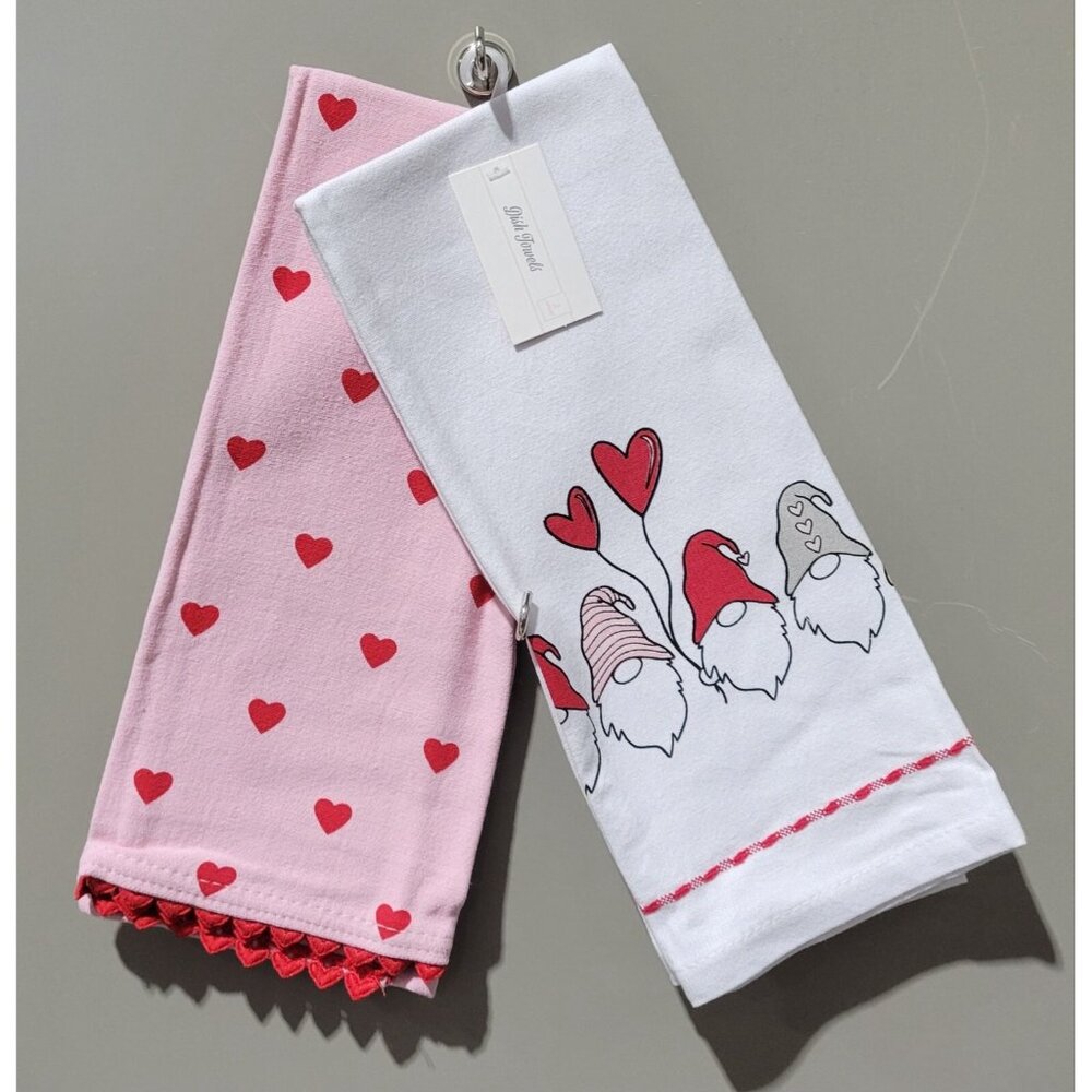 Love Gnomes & Red Hearts Print Pink & White 2 Dish Towel Set 15" x 25" Each